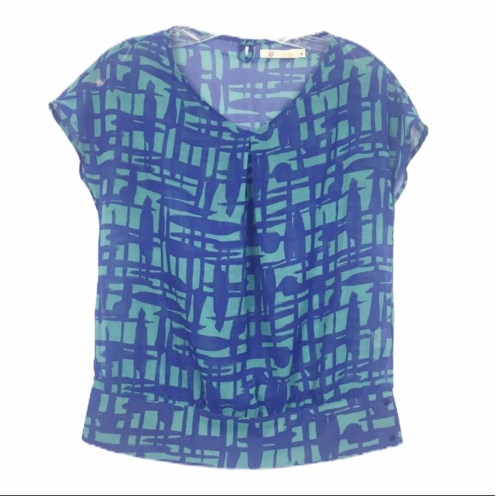 Tulle Blue Printed Short Sleeve Blouse Sz M